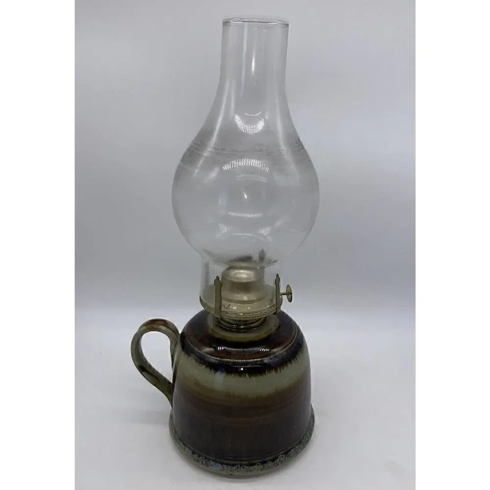 Vintage Greg Olson Signed California Handmade Stoneware Oil Lamp with Chimney